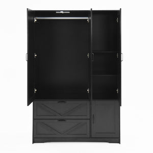 English Elm 4 Door Matte Black Wardrobe with LED Lighting Mirror Drawers and Hanging Rod W409S00005