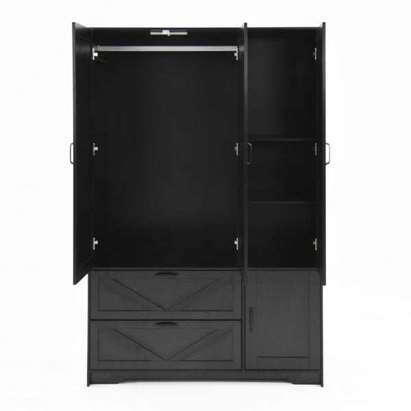 English Elm 4 Door Matte Black Wardrobe with LED Lighting Mirror Drawers and Hanging Rod W409S00005