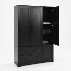 English Elm 4 Door Matte Black Wardrobe with LED Lighting Mirror Drawers and Hanging Rod W409S00005