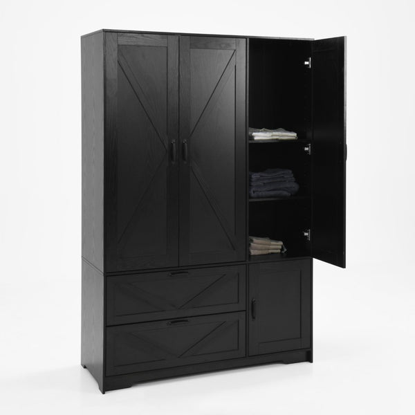 English Elm 4 Door Matte Black Wardrobe with LED Lighting Mirror Drawers and Hanging Rod W409S00005