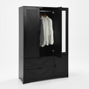 English Elm 4 Door Matte Black Wardrobe with LED Lighting Mirror Drawers and Hanging Rod W409S00005
