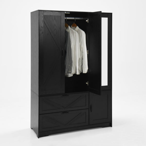 English Elm 4 Door Matte Black Wardrobe with LED Lighting Mirror Drawers and Hanging Rod W409S00005