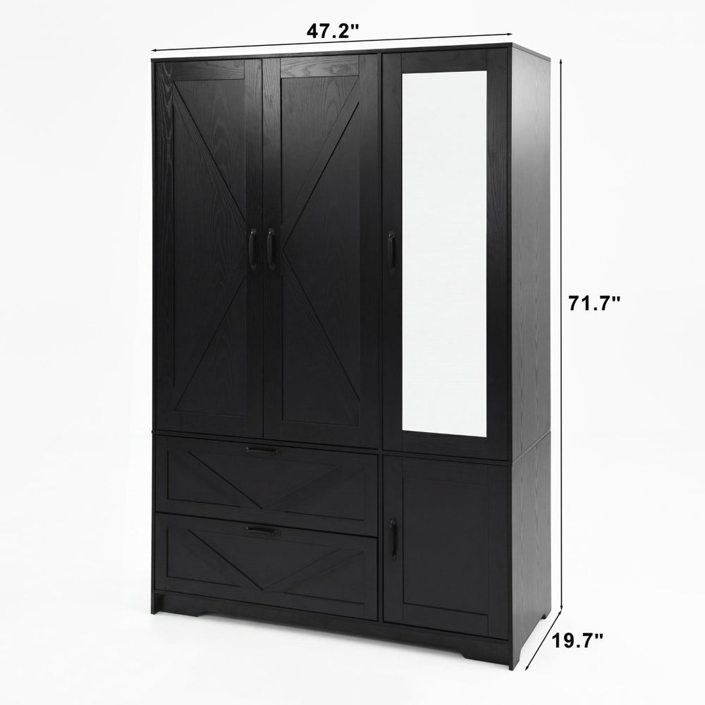 English Elm 4 Door Matte Black Wardrobe with LED Lighting Mirror Drawers and Hanging Rod W409S00005