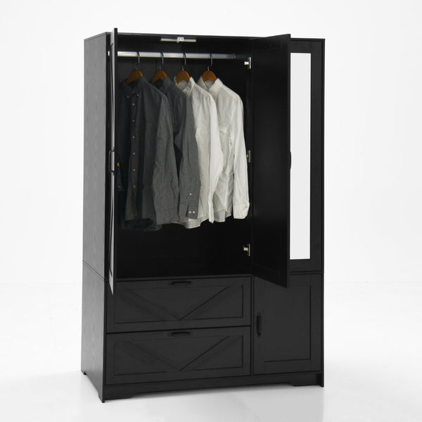 English Elm 4 Door Matte Black Wardrobe with LED Lighting Mirror Drawers and Hanging Rod W409S00005
