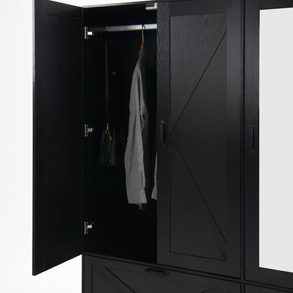 English Elm 4 Door Matte Black Wardrobe with LED Lighting Mirror Drawers and Hanging Rod W409S00005