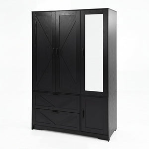 English Elm 4 Door Matte Black Wardrobe with LED Lighting Mirror Drawers and Hanging Rod W409S00005