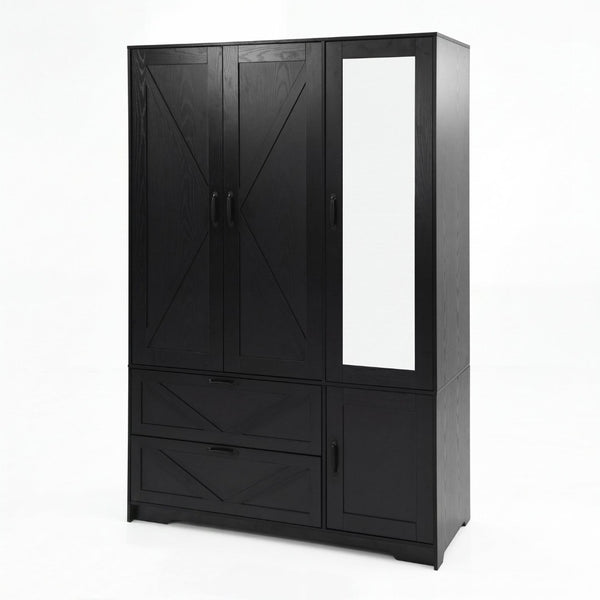 English Elm 4 Door Matte Black Wardrobe with LED Lighting Mirror Drawers and Hanging Rod W409S00005
