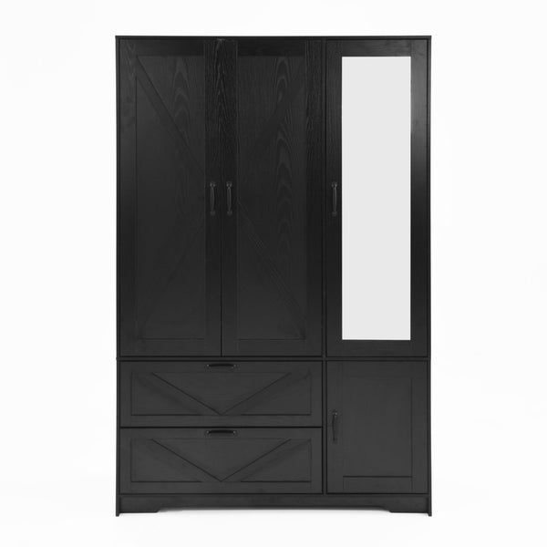 English Elm 4 Door Matte Black Wardrobe with LED Lighting Mirror Drawers and Hanging Rod W409S00005