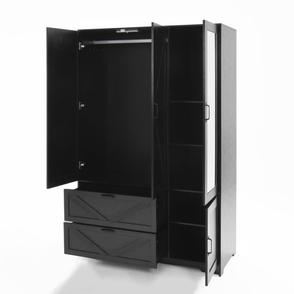 English Elm 4 Door Matte Black Wardrobe with LED Lighting Mirror Drawers and Hanging Rod W409S00005
