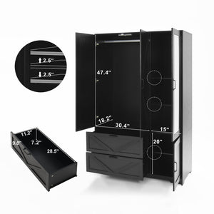 English Elm 4 Door Matte Black Wardrobe with LED Lighting Mirror Drawers and Hanging Rod W409S00005