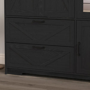 English Elm 4 Door Matte Black Wardrobe with LED Lighting Mirror Drawers and Hanging Rod W409S00005