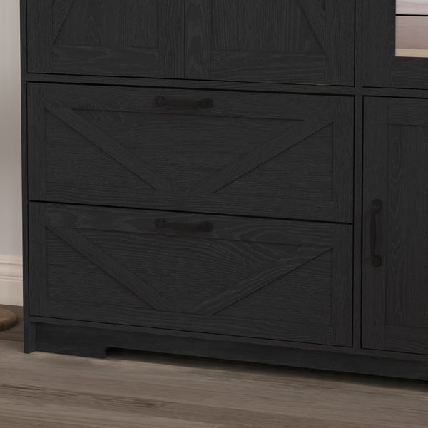 English Elm 4 Door Matte Black Wardrobe with LED Lighting Mirror Drawers and Hanging Rod W409S00005
