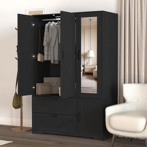English Elm 4 Door Matte Black Wardrobe with LED Lighting Mirror Drawers and Hanging Rod W409S00005