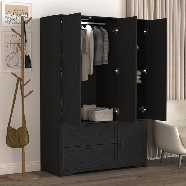 English Elm 4 Door Matte Black Wardrobe with LED Lighting Mirror Drawers and Hanging Rod W409S00005