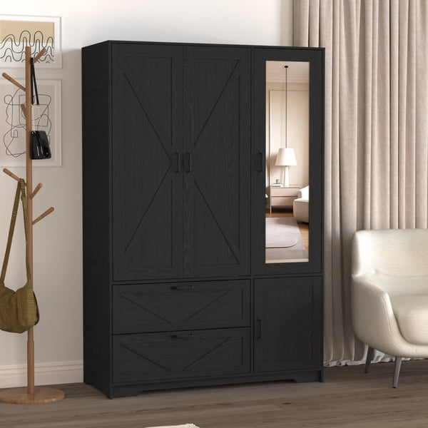 English Elm 4 Door Matte Black Wardrobe with LED Lighting Mirror Drawers and Hanging Rod W409S00005