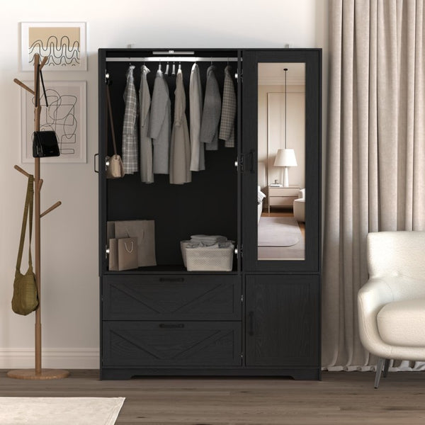 English Elm 4 Door Matte Black Wardrobe with LED Lighting Mirror Drawers and Hanging Rod W409S00005