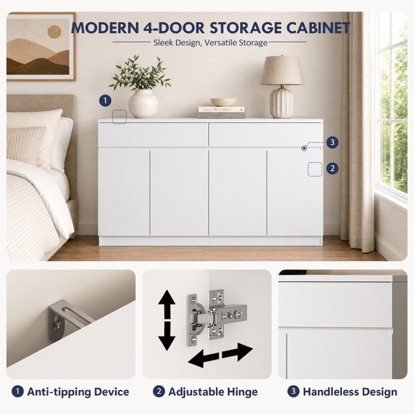 English Elm Sideboard Buffet with 2 Drawers 4 Doors White Wood Finish for Dining Room Storage White W409S00020