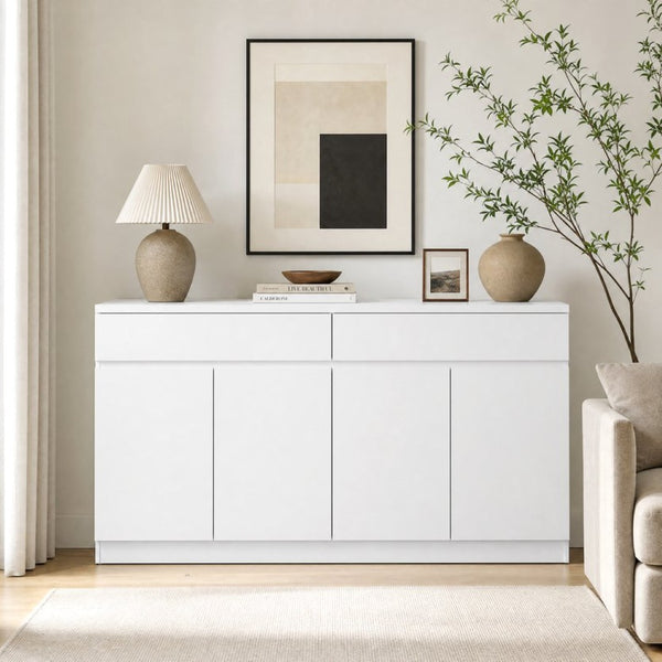 English Elm Sideboard Buffet with 2 Drawers 4 Doors White Wood Finish for Dining Room Storage White W409S00020