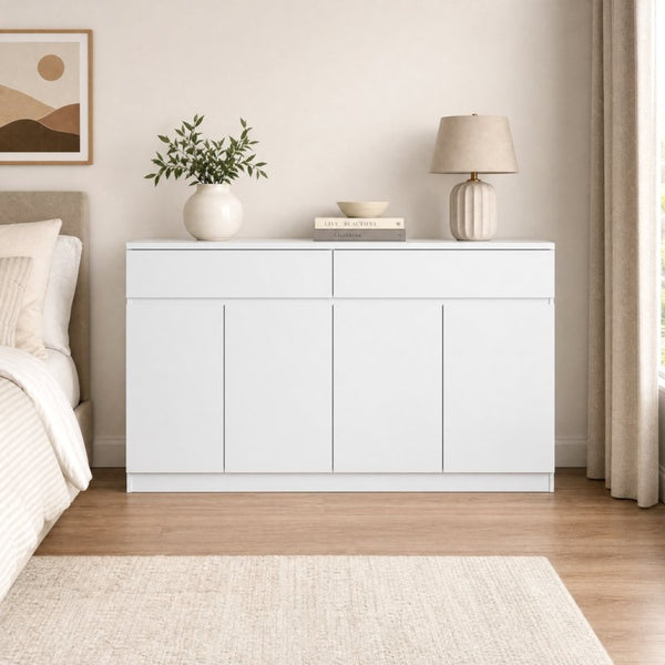 English Elm Sideboard Buffet with 2 Drawers 4 Doors White Wood Finish for Dining Room Storage White W409S00020