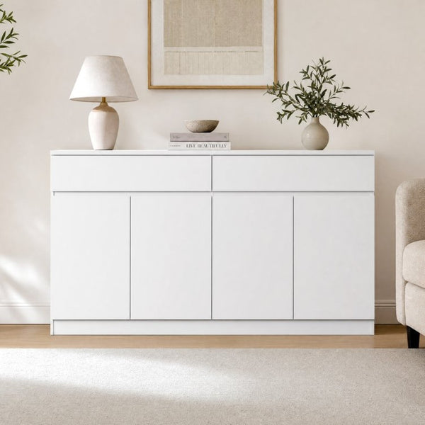 English Elm Sideboard Buffet with 2 Drawers 4 Doors White Wood Finish for Dining Room Storage White W409S00020