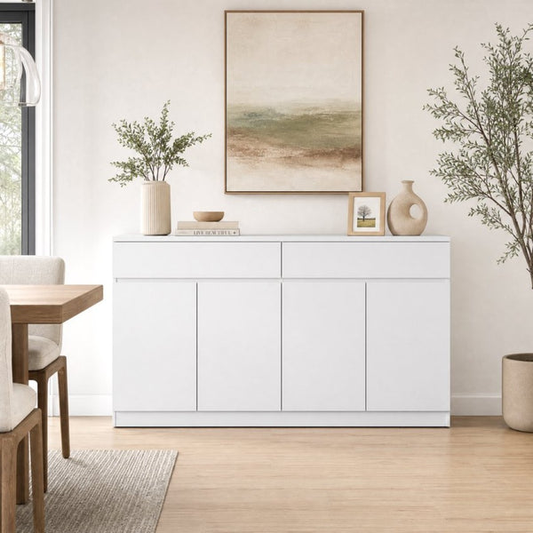 English Elm Sideboard Buffet with 2 Drawers 4 Doors White Wood Finish for Dining Room Storage White W409S00020
