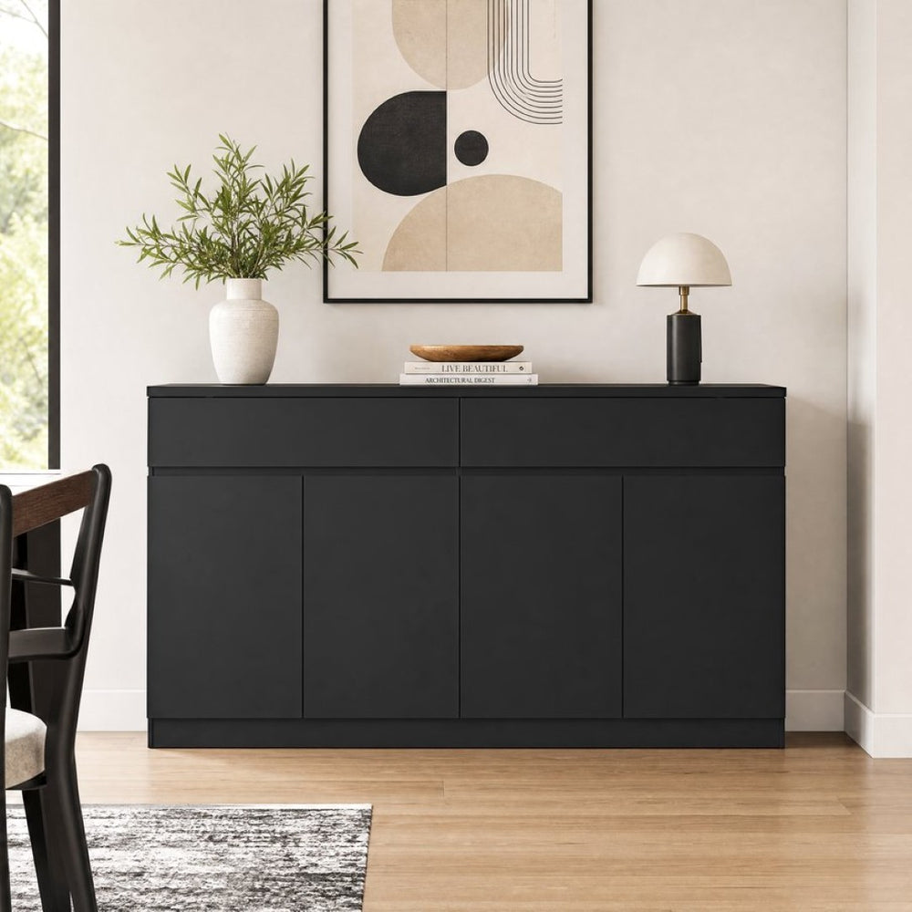 English Elm Sideboard Buffet with 2 Drawers 4 Doors White Wood Finish for Dining Room Storage Black W409S00021