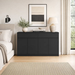 English Elm Sideboard Buffet with 2 Drawers 4 Doors White Wood Finish for Dining Room Storage Black W409S00021