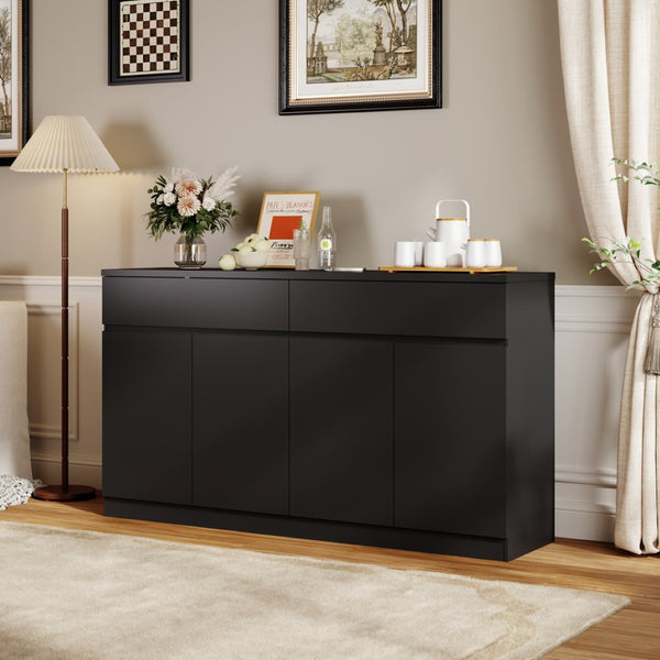 English Elm Sideboard Buffet with 2 Drawers 4 Doors White Wood Finish for Dining Room Storage Black W409S00021