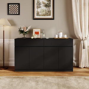 English Elm Sideboard Buffet with 2 Drawers 4 Doors White Wood Finish for Dining Room Storage Black W409S00021