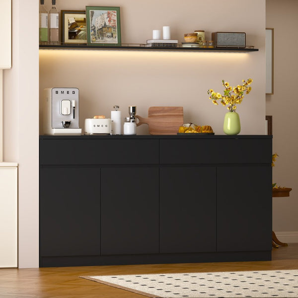 English Elm Sideboard Buffet with 2 Drawers 4 Doors White Wood Finish for Dining Room Storage Black W409S00021