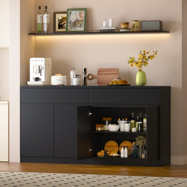 English Elm Sideboard Buffet with 2 Drawers 4 Doors White Wood Finish for Dining Room Storage Black W409S00021