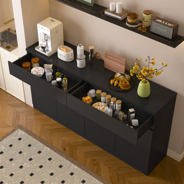 English Elm Sideboard Buffet with 2 Drawers 4 Doors White Wood Finish for Dining Room Storage Black W409S00021