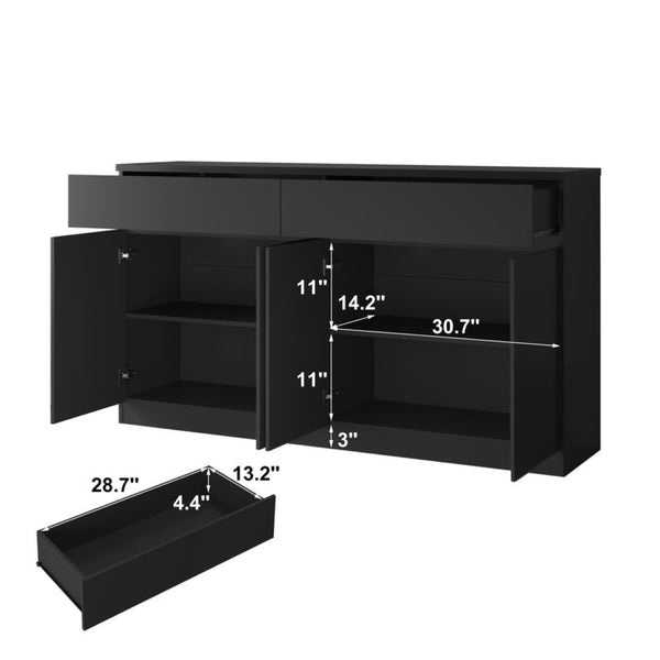 English Elm Sideboard Buffet with 2 Drawers 4 Doors White Wood Finish for Dining Room Storage Black W409S00021