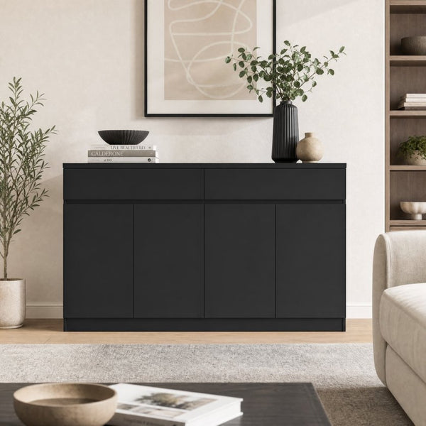 English Elm Sideboard Buffet with 2 Drawers 4 Doors White Wood Finish for Dining Room Storage Black W409S00021