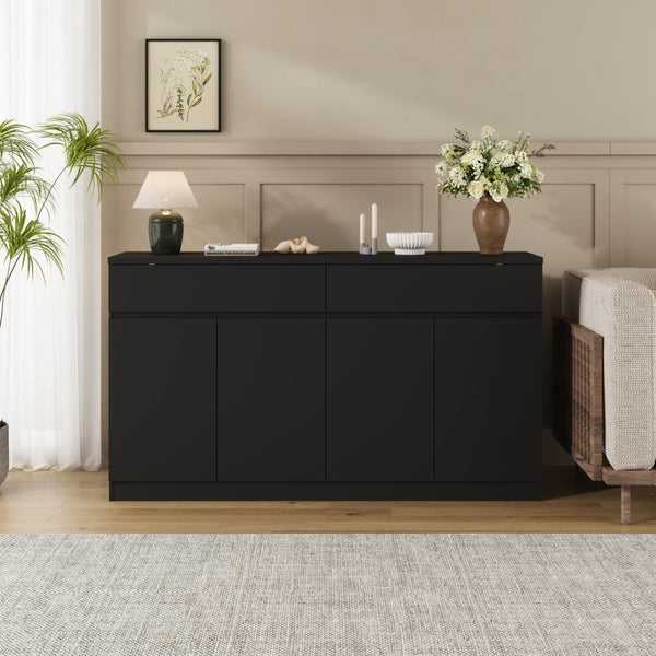 English Elm Sideboard Buffet with 2 Drawers 4 Doors White Wood Finish for Dining Room Storage Black W409S00021