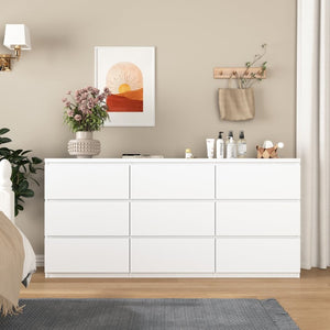English Elm White Nine Drawer Wide Dresser Handleless Veneer Finish for Minimalist Bedroom Entryway W409S00024