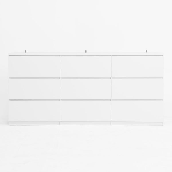 English Elm White Nine Drawer Wide Dresser Handleless Veneer Finish for Minimalist Bedroom Entryway W409S00024