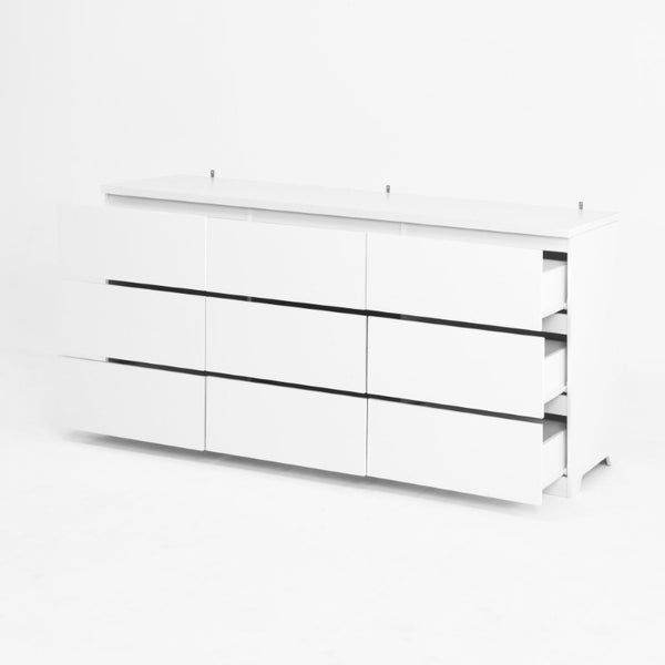 English Elm White Nine Drawer Wide Dresser Handleless Veneer Finish for Minimalist Bedroom Entryway W409S00024