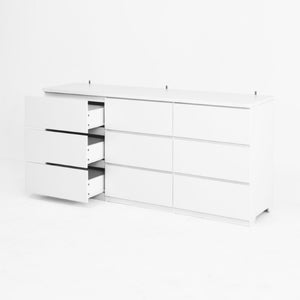 English Elm White Nine Drawer Wide Dresser Handleless Veneer Finish for Minimalist Bedroom Entryway W409S00024