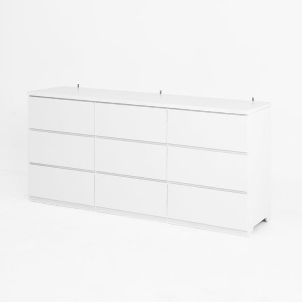 English Elm White Nine Drawer Wide Dresser Handleless Veneer Finish for Minimalist Bedroom Entryway W409S00024
