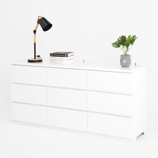 English Elm White Nine Drawer Wide Dresser Handleless Veneer Finish for Minimalist Bedroom Entryway W409S00024