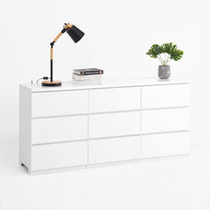 English Elm White Nine Drawer Wide Dresser Handleless Veneer Finish for Minimalist Bedroom Entryway W409S00024