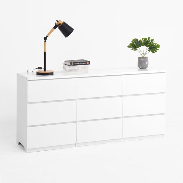 English Elm White Nine Drawer Wide Dresser Handleless Veneer Finish for Minimalist Bedroom Entryway W409S00024