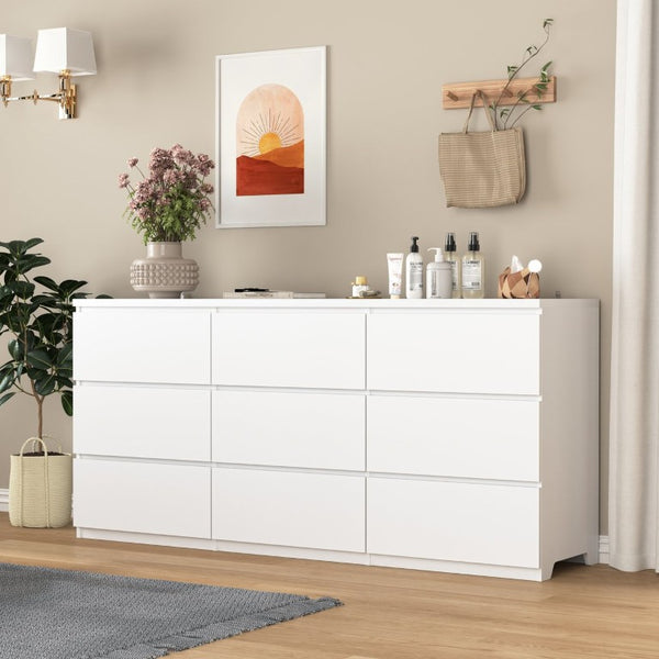 English Elm White Nine Drawer Wide Dresser Handleless Veneer Finish for Minimalist Bedroom Entryway W409S00024