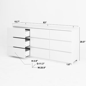 English Elm White Nine Drawer Wide Dresser Handleless Veneer Finish for Minimalist Bedroom Entryway W409S00024