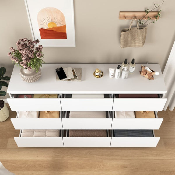 English Elm White Nine Drawer Wide Dresser Handleless Veneer Finish for Minimalist Bedroom Entryway W409S00024