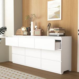English Elm White Nine Drawer Wide Dresser Handleless Veneer Finish for Minimalist Bedroom Entryway W409S00024