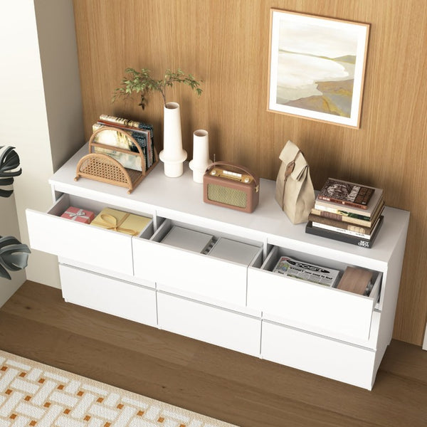 English Elm White Nine Drawer Wide Dresser Handleless Veneer Finish for Minimalist Bedroom Entryway W409S00024