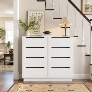 English Elm White Eight Drawer Wide Dresser Engineered Wood Storage Chest for Bedroom or Entryway W409S00026