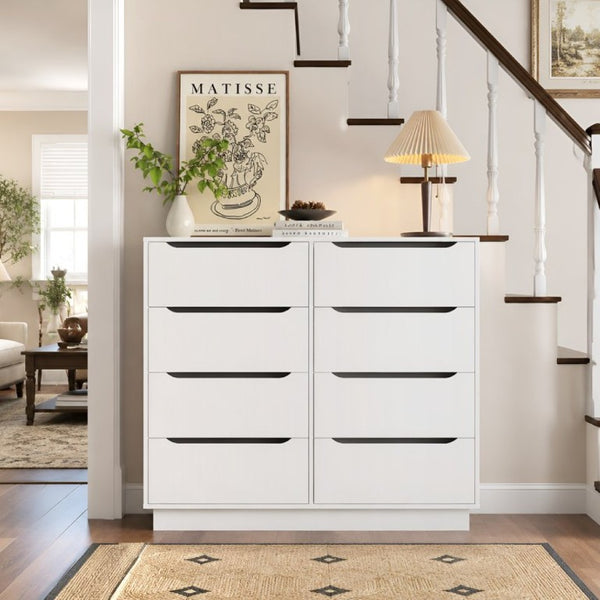 English Elm White Eight Drawer Wide Dresser Engineered Wood Storage Chest for Bedroom or Entryway W409S00026
